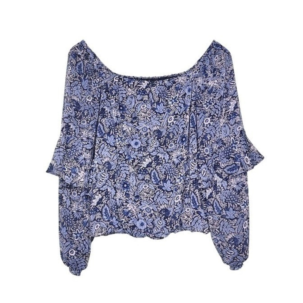 Banana Republic Blue Floral Blouse Boho Off Shoulder Ruffle Romantic Preppy M